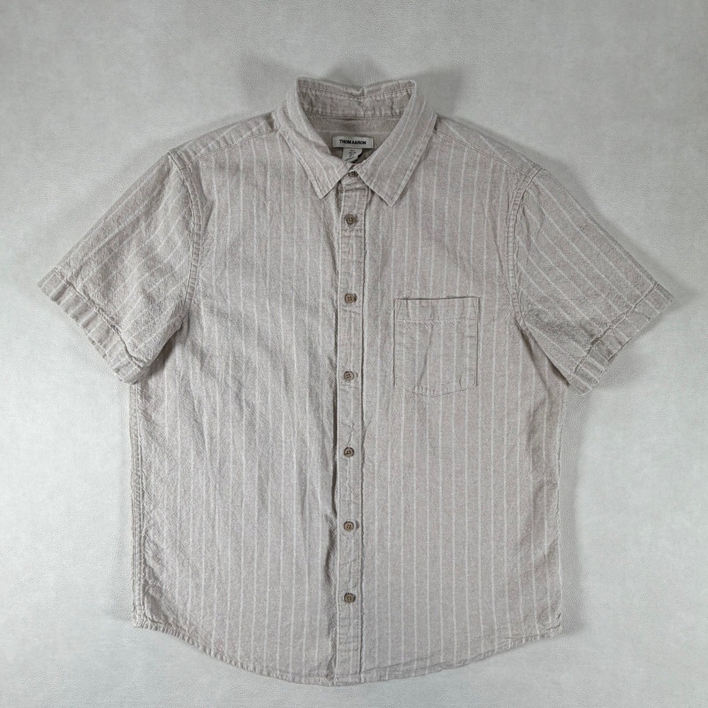 Thom Aaron Mens Large Tan Striped Linen Cotton Short Sleeve Button Up Shirt